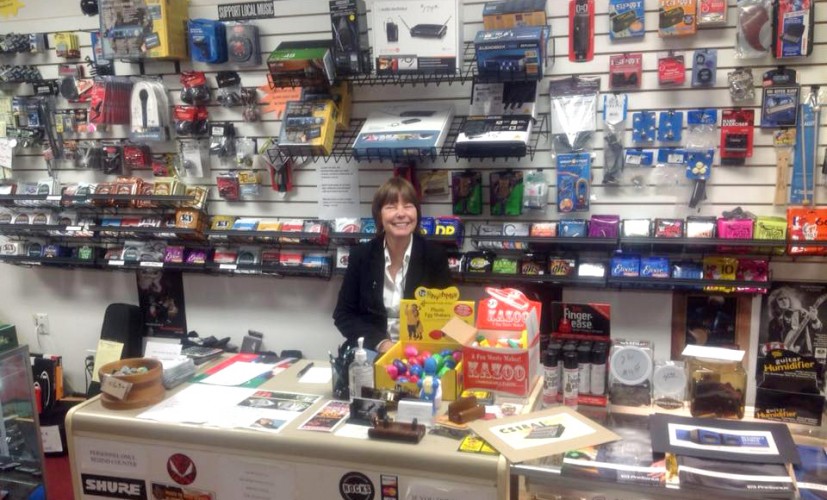 Owner Sue at the counter at Greenfield Music and Amps in Greenfield, Ohio