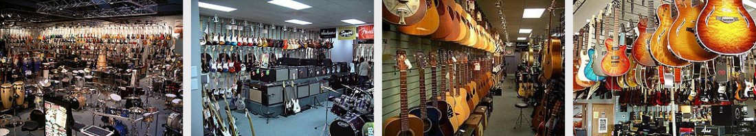 Acoustic and electric guitars at Portland Music Company in Portland, Oregon