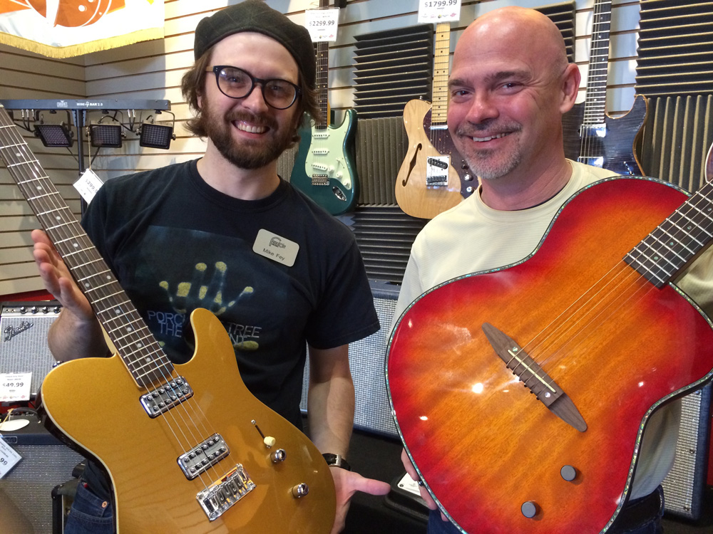 Michael Kelly 1950s gold top and Rick Turner acoustic-electric guitar at Fazio's Music Michael Kelly 1950s gold top and Rick Turner acoustic-electric guitar at Fazio's Music