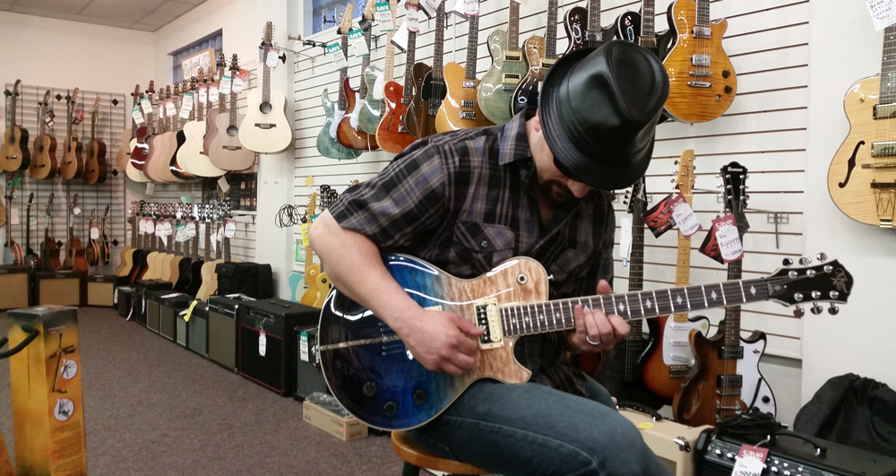 Michael Kelly Patriot Eclipse electric guitar in action at Pfabe's Music Michael Kelly Patriot Eclipse electric guitar in action at Pfabe's Music