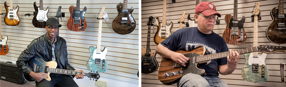 Michael Kelly electric-acoustic hybrid Patriot guitar and 1950s Ebony electric guitar